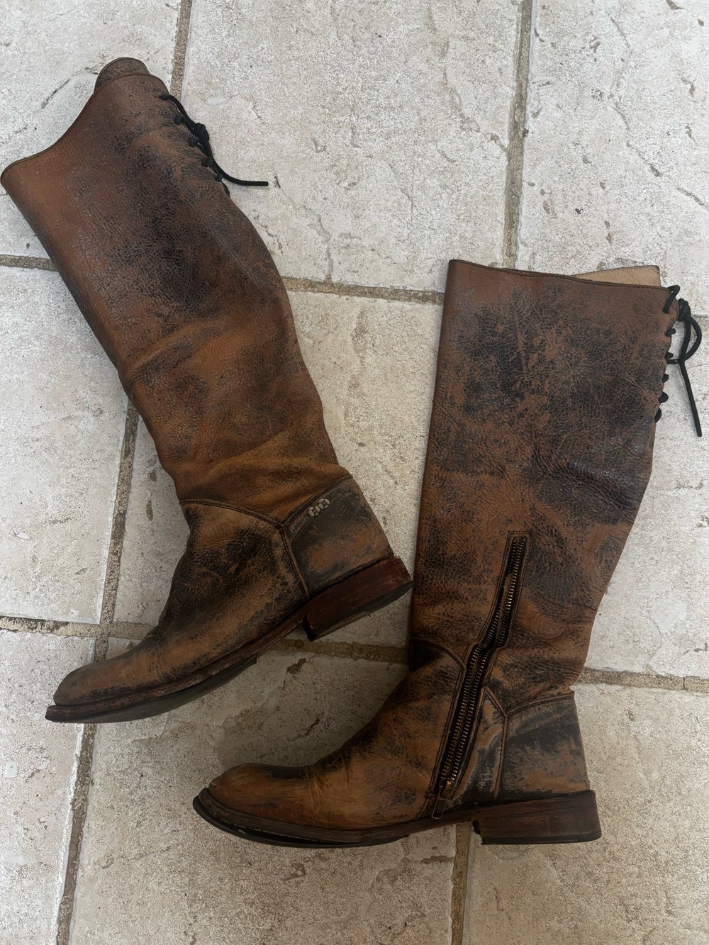 BED|STU Distressed Brown Leather Knee-High Heeled Boots